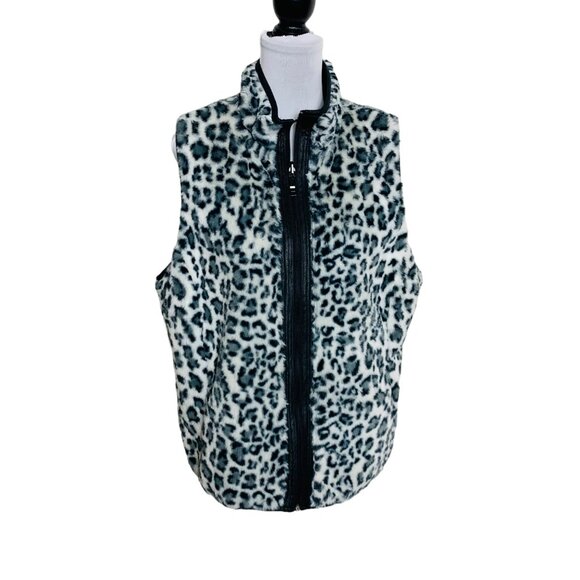 Reversible Leopard Zip Vest Faux Fur Size L Black Quilted Trendy Cozy Layering - Picture 11 of 11